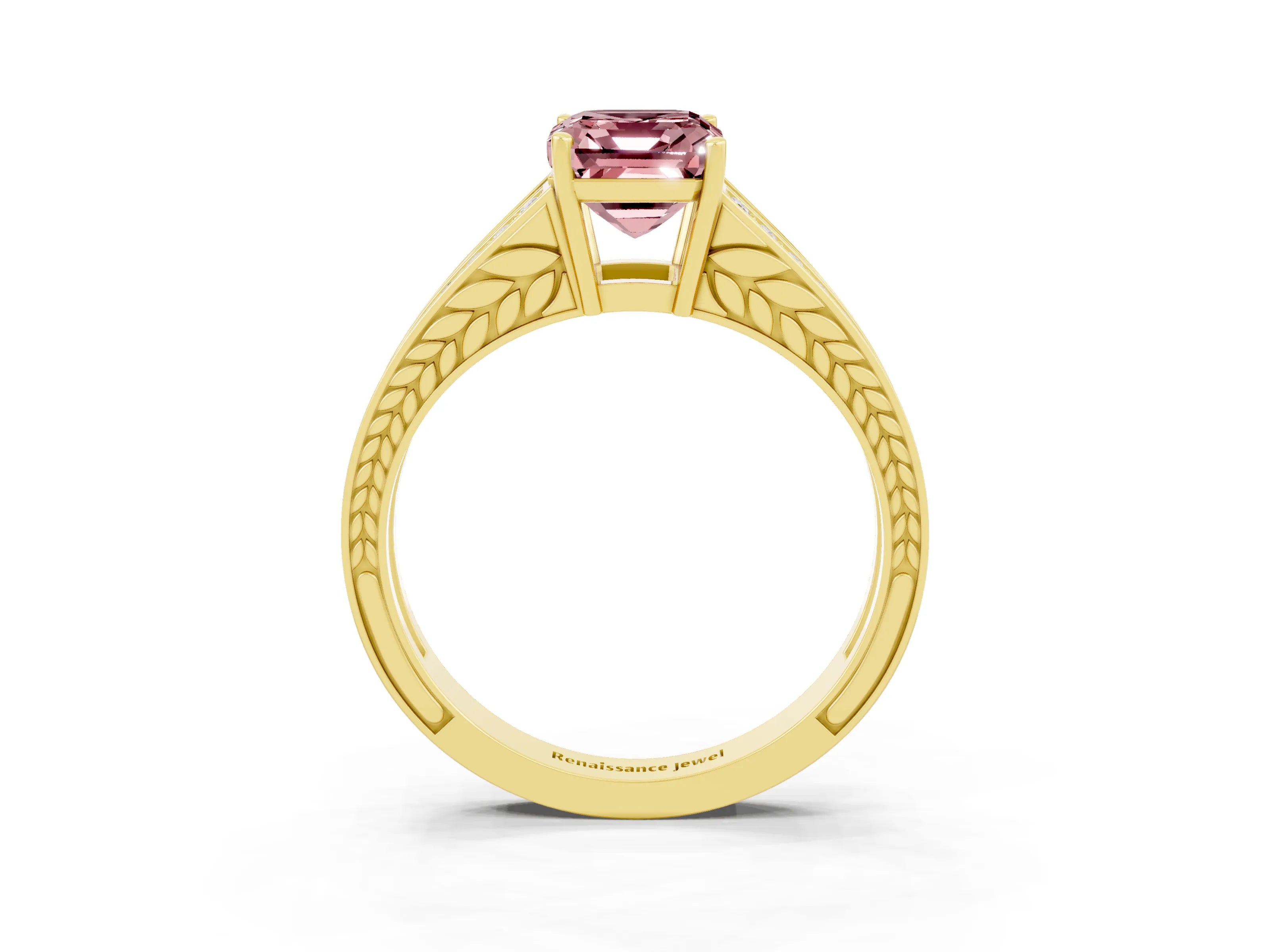 Yellow gold Emerald Cut Morganite Split Shank Ring with Pavé Band and Four-Prong Setting_3