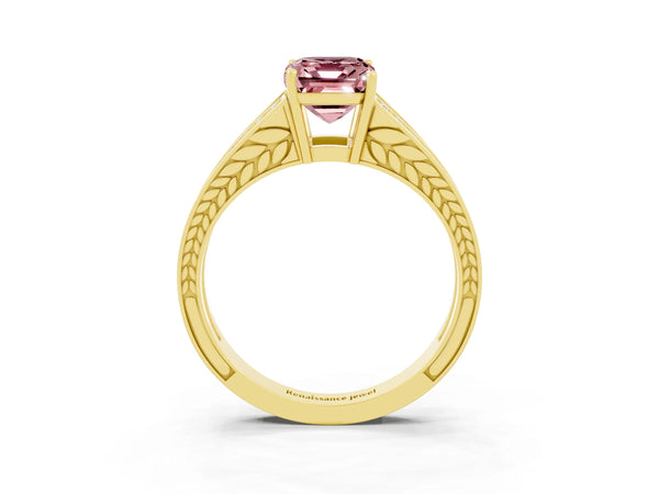 Yellow gold Emerald Cut Morganite Split Shank Ring with Pavé Band and Four-Prong Setting