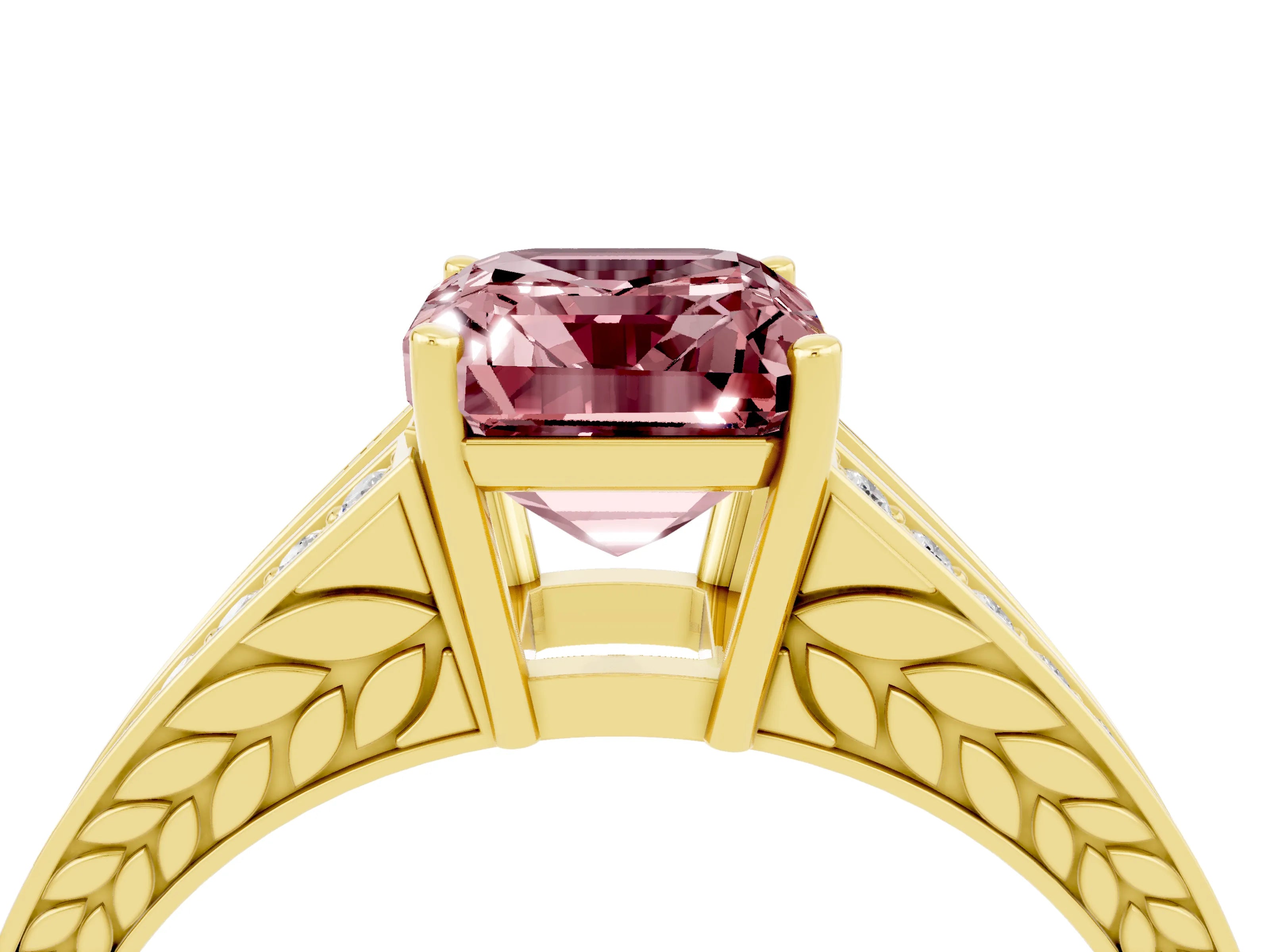 Yellow gold Emerald Cut Morganite Split Shank Ring with Pavé Band and Four-Prong Setting_4
