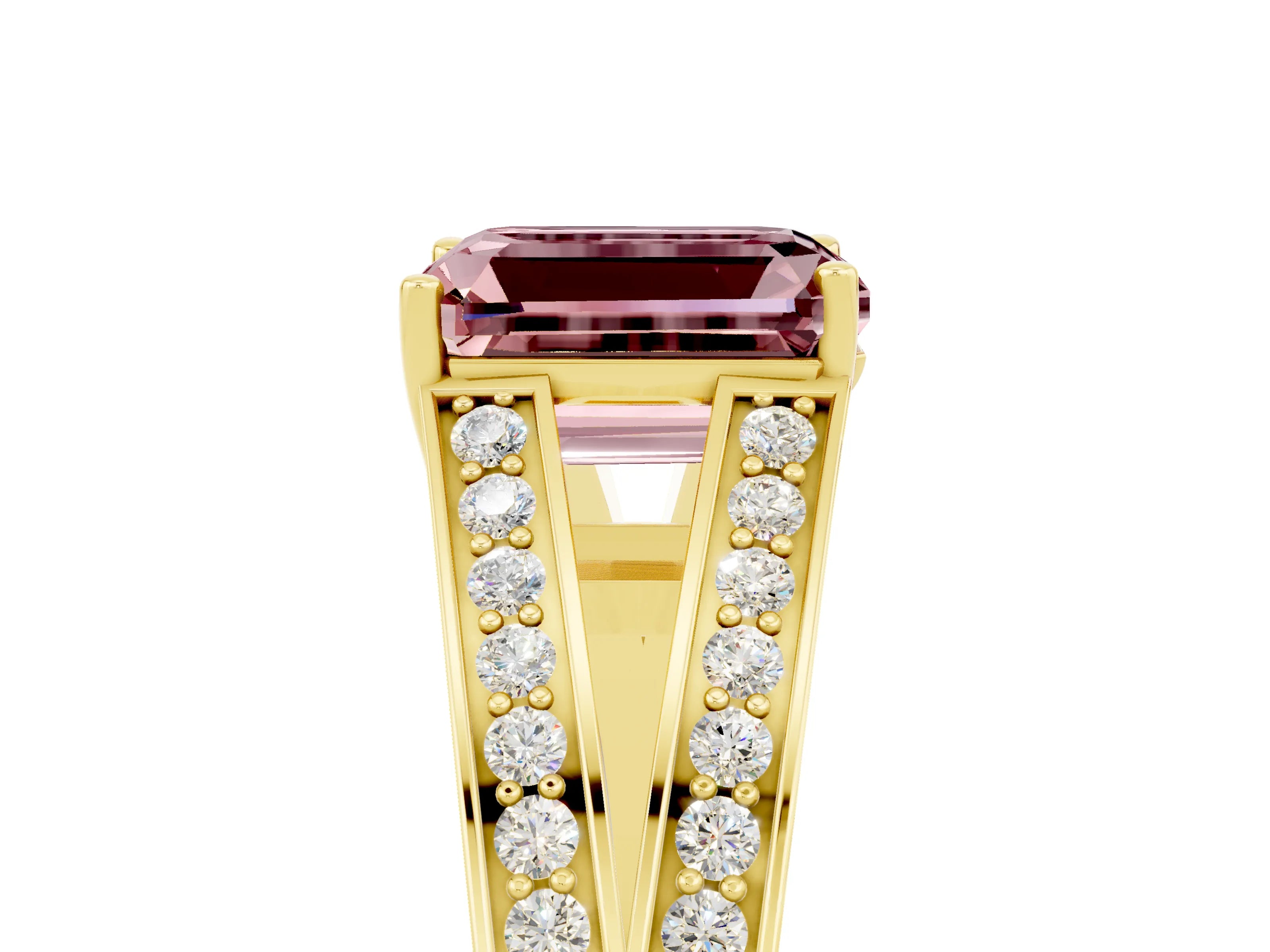 Yellow gold Emerald Cut Morganite Split Shank Ring with Pavé Band and Four-Prong Setting_5