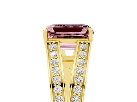 Yellow gold Emerald Cut Morganite Split Shank Ring with Pavé Band and Four-Prong Setting_5