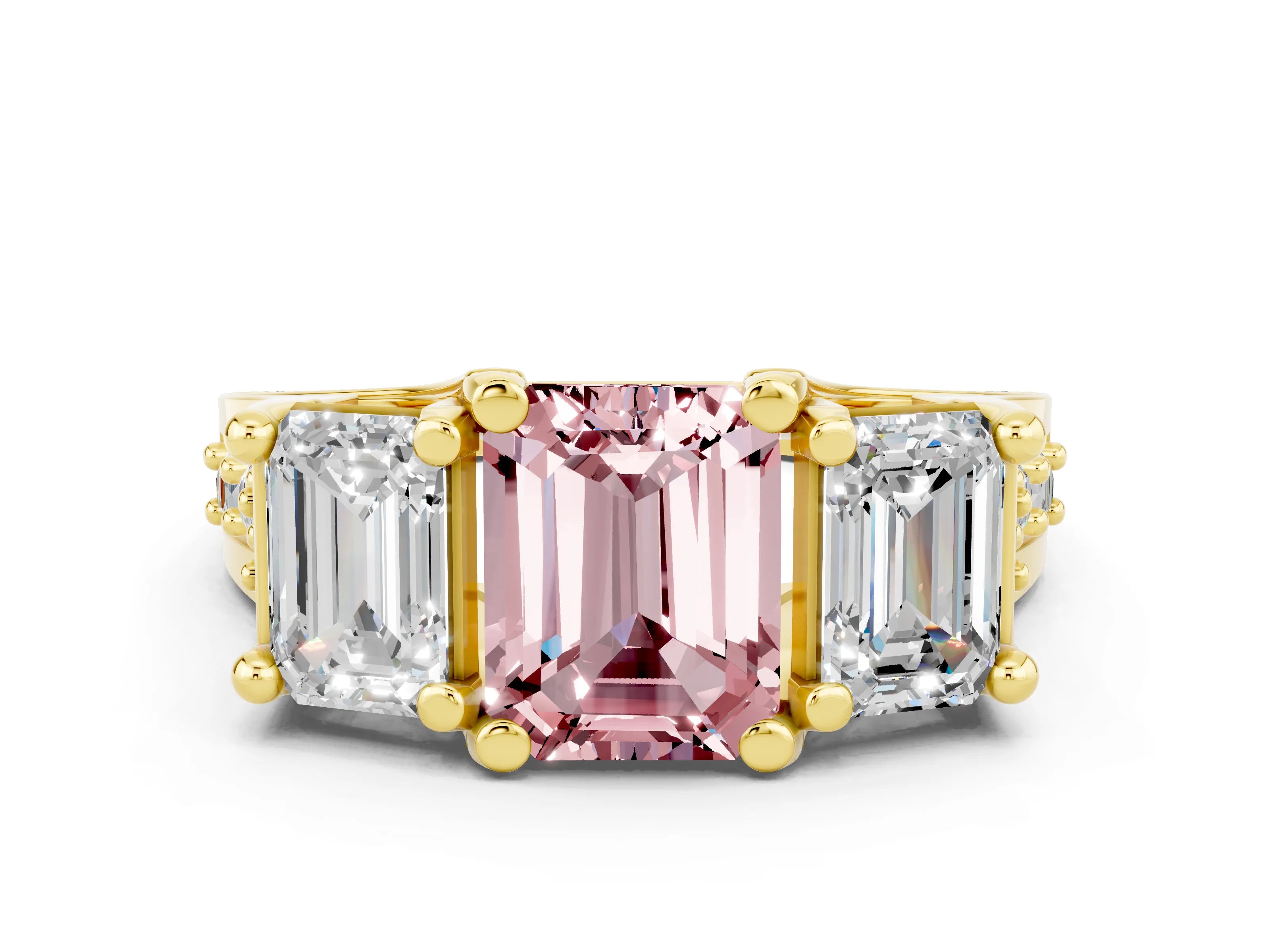 Yellow gold Emerald Cut Morganite Three-Stone Ring with Channel Set Band and Four-Prong Setting