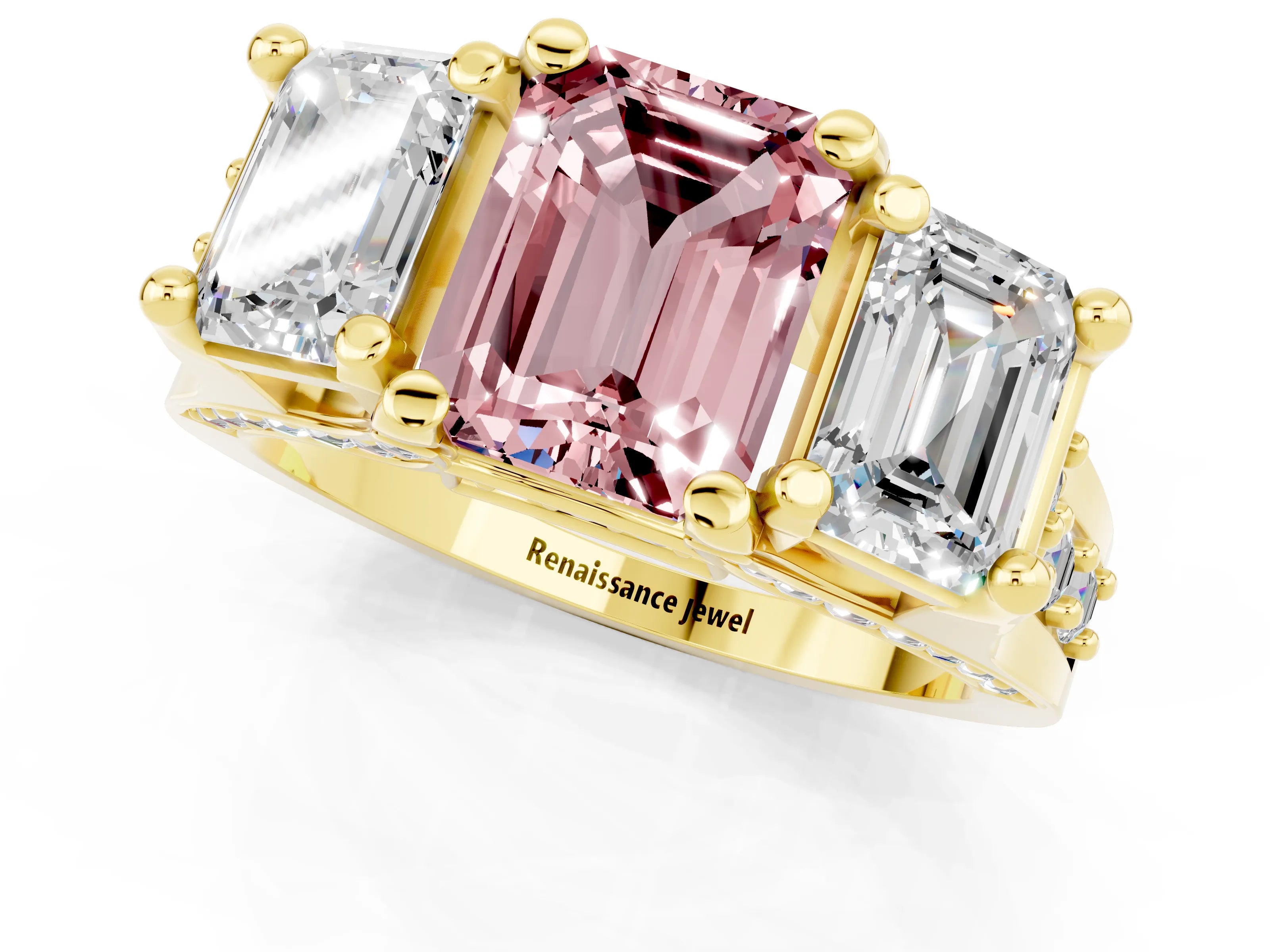 Yellow gold Emerald Cut Morganite Three-Stone Ring with Channel Set Band and Four-Prong Setting_1