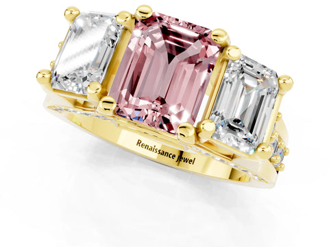 Yellow gold Emerald Cut Morganite Three-Stone Ring with Channel Set Band and Four-Prong Setting_1