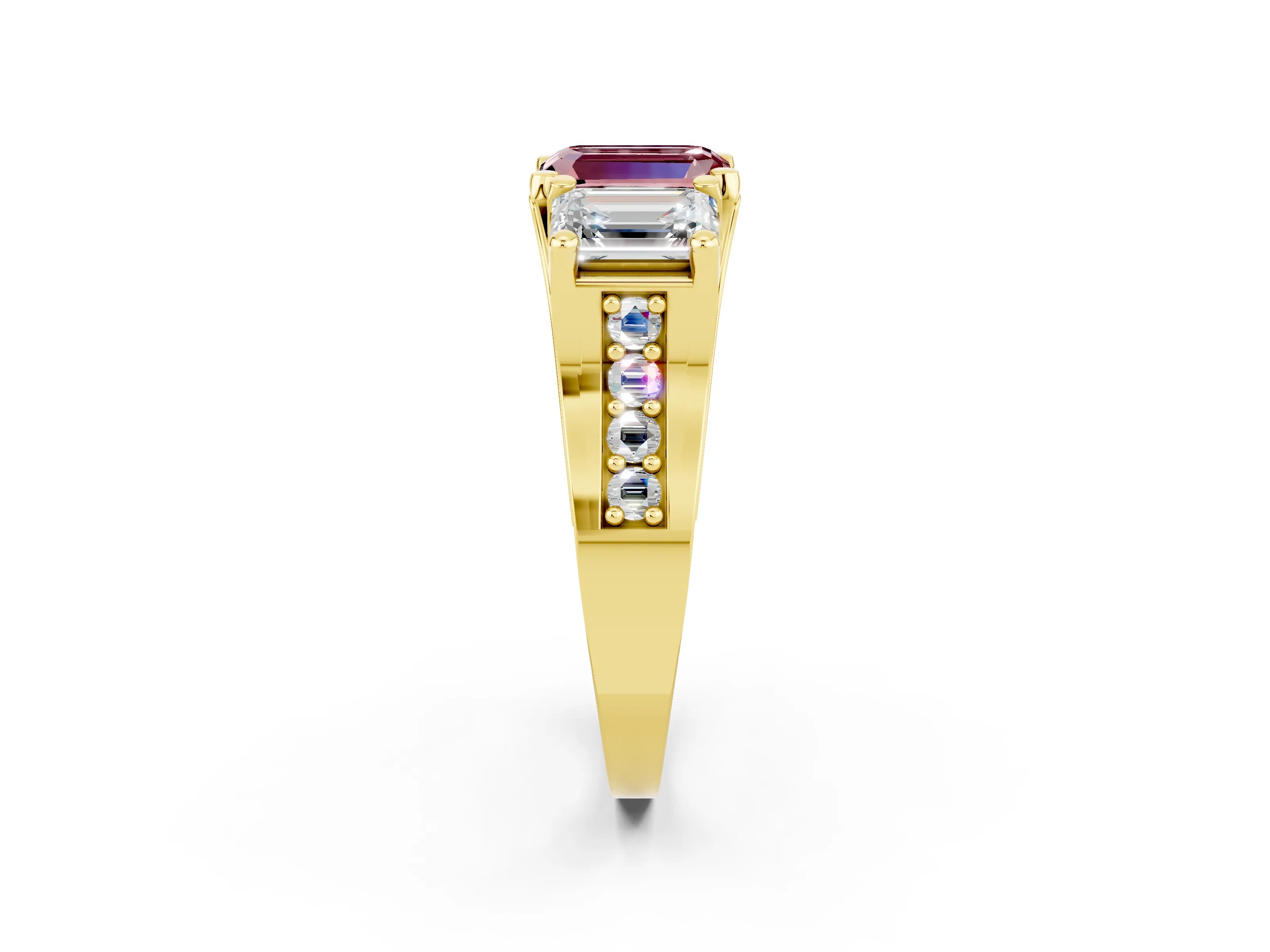 Yellow gold Emerald Cut Morganite Three-Stone Ring with Channel Set Band and Four-Prong Setting_2