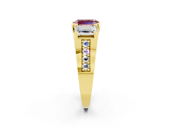 Yellow gold Emerald Cut Morganite Three-Stone Ring with Channel Set Band and Four-Prong Setting