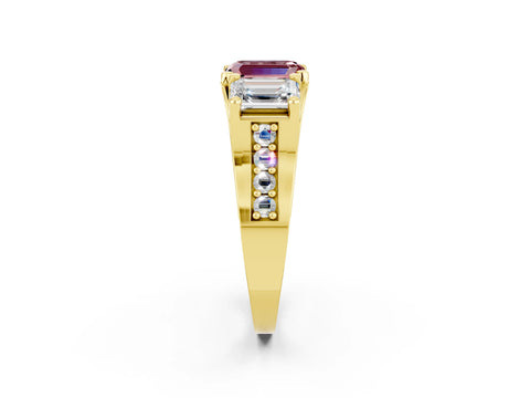 Yellow gold Emerald Cut Morganite Three-Stone Ring with Channel Set Band and Four-Prong Setting_2