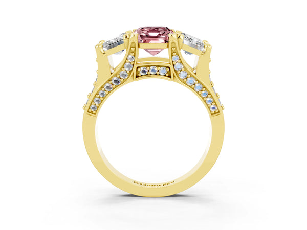 Yellow gold Emerald Cut Morganite Three-Stone Ring with Channel Set Band and Four-Prong Setting