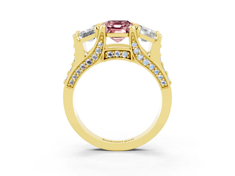 Yellow gold Emerald Cut Morganite Three-Stone Ring with Channel Set Band and Four-Prong Setting_3