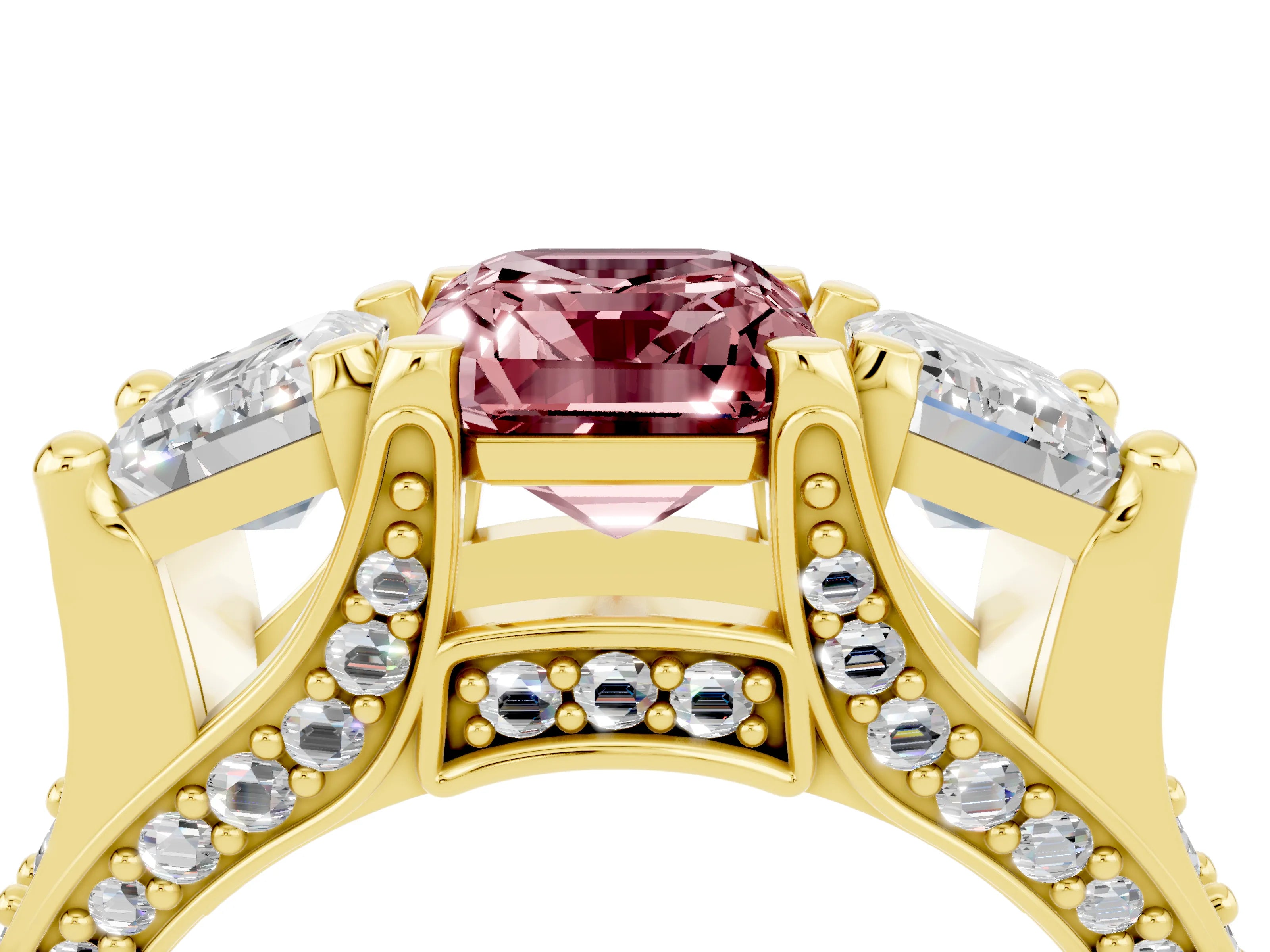 Yellow gold Emerald Cut Morganite Three-Stone Ring with Channel Set Band and Four-Prong Setting_4