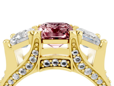 Yellow gold Emerald Cut Morganite Three-Stone Ring with Channel Set Band and Four-Prong Setting_4