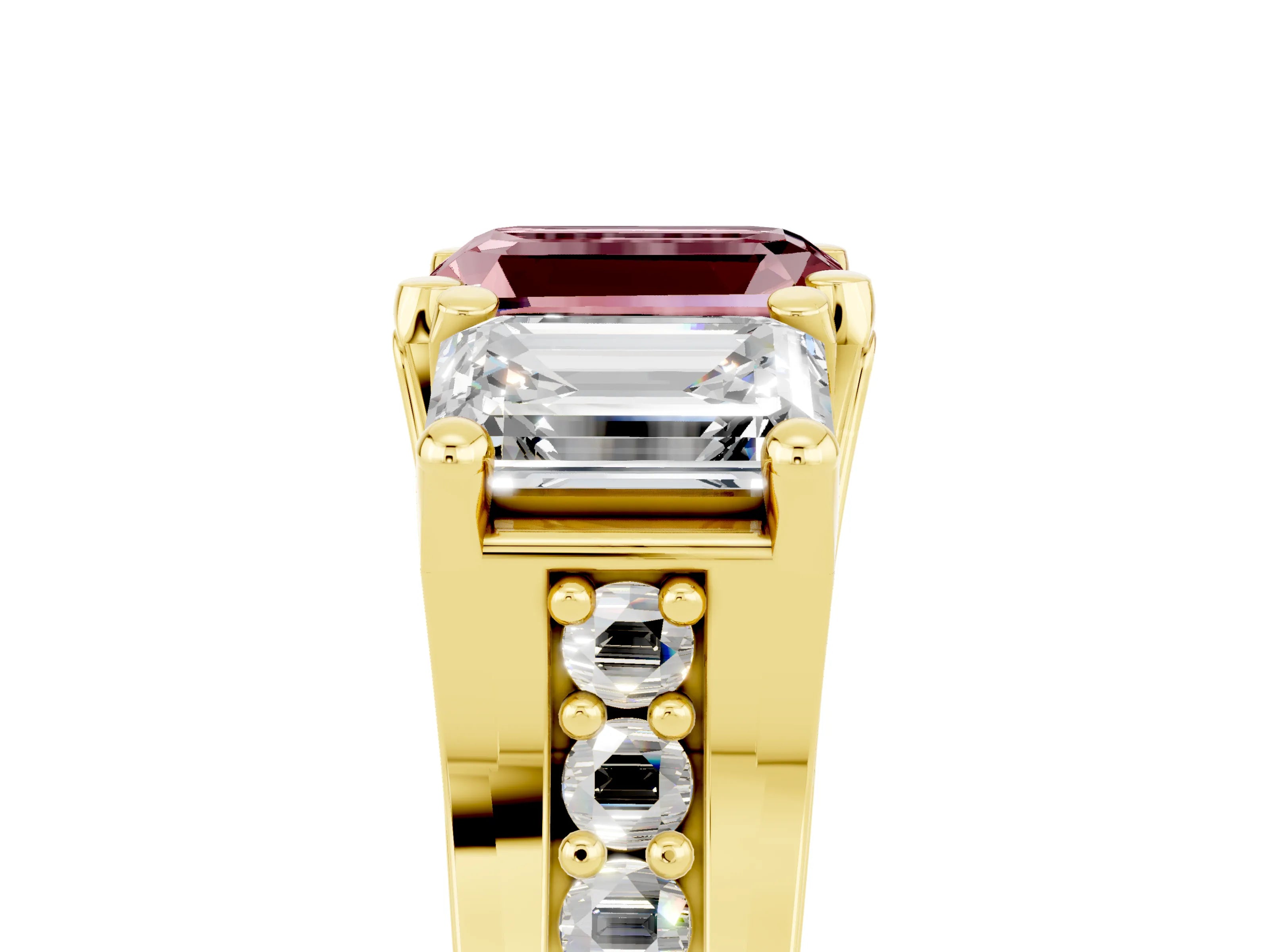Yellow gold Emerald Cut Morganite Three-Stone Ring with Channel Set Band and Four-Prong Setting_5