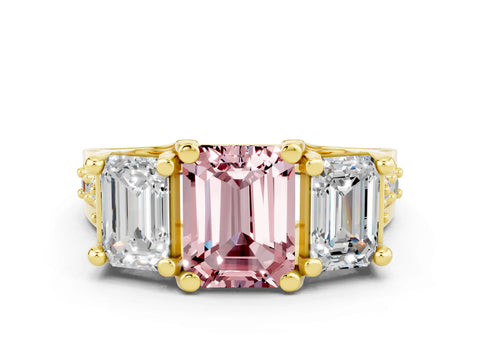 Yellow gold Emerald Cut Morganite Three-Stone Ring with Channel Set Band and Four-Prong Setting