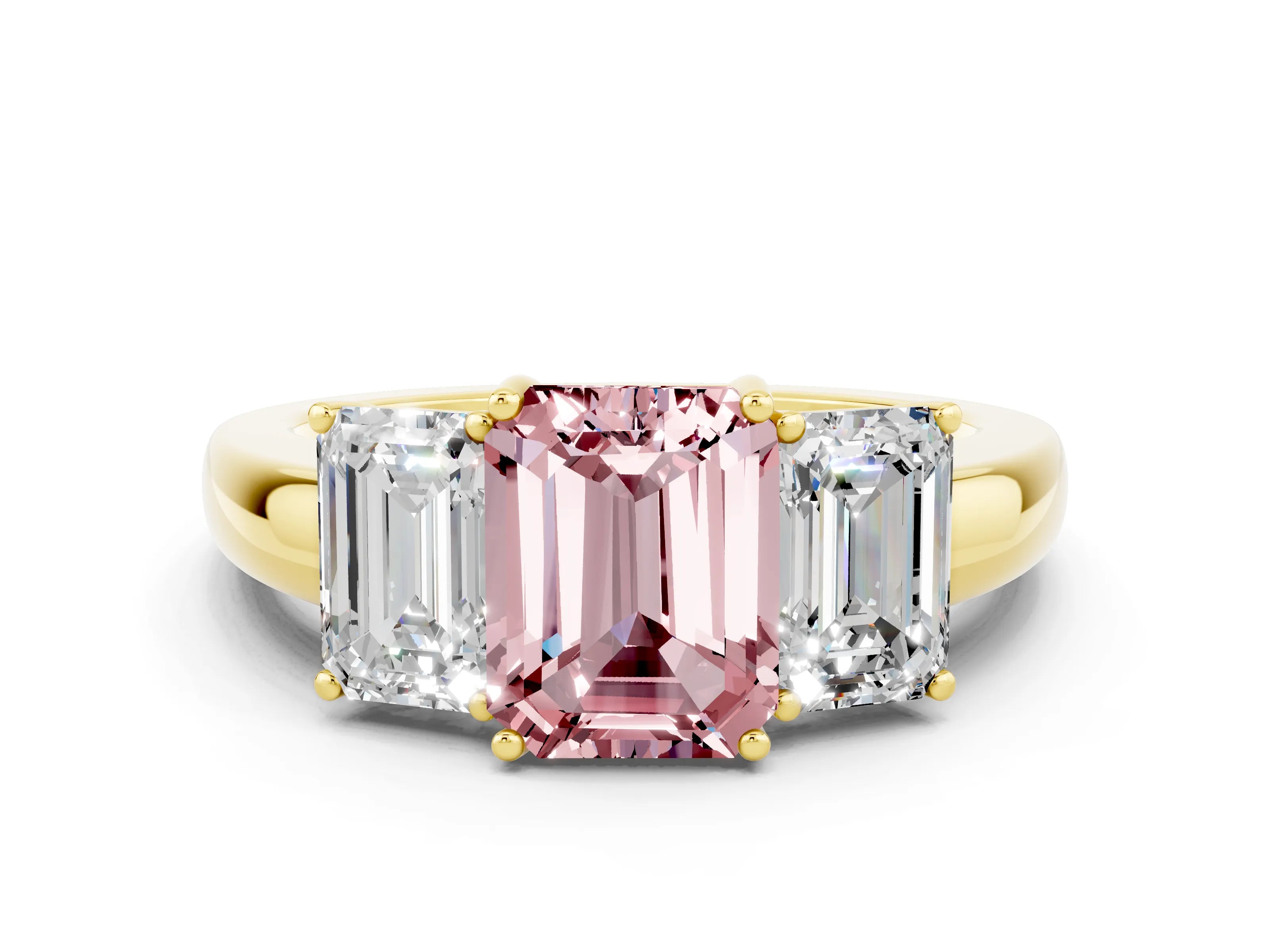 Yellow gold Emerald Cut Morganite Three-Stone Ring with Four-Prong Setting and Classic Band