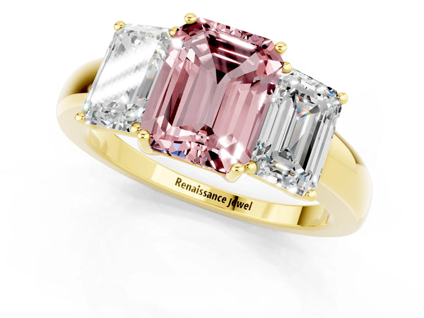 Yellow gold Emerald Cut Morganite Three-Stone Ring with Four-Prong Setting and Classic Band