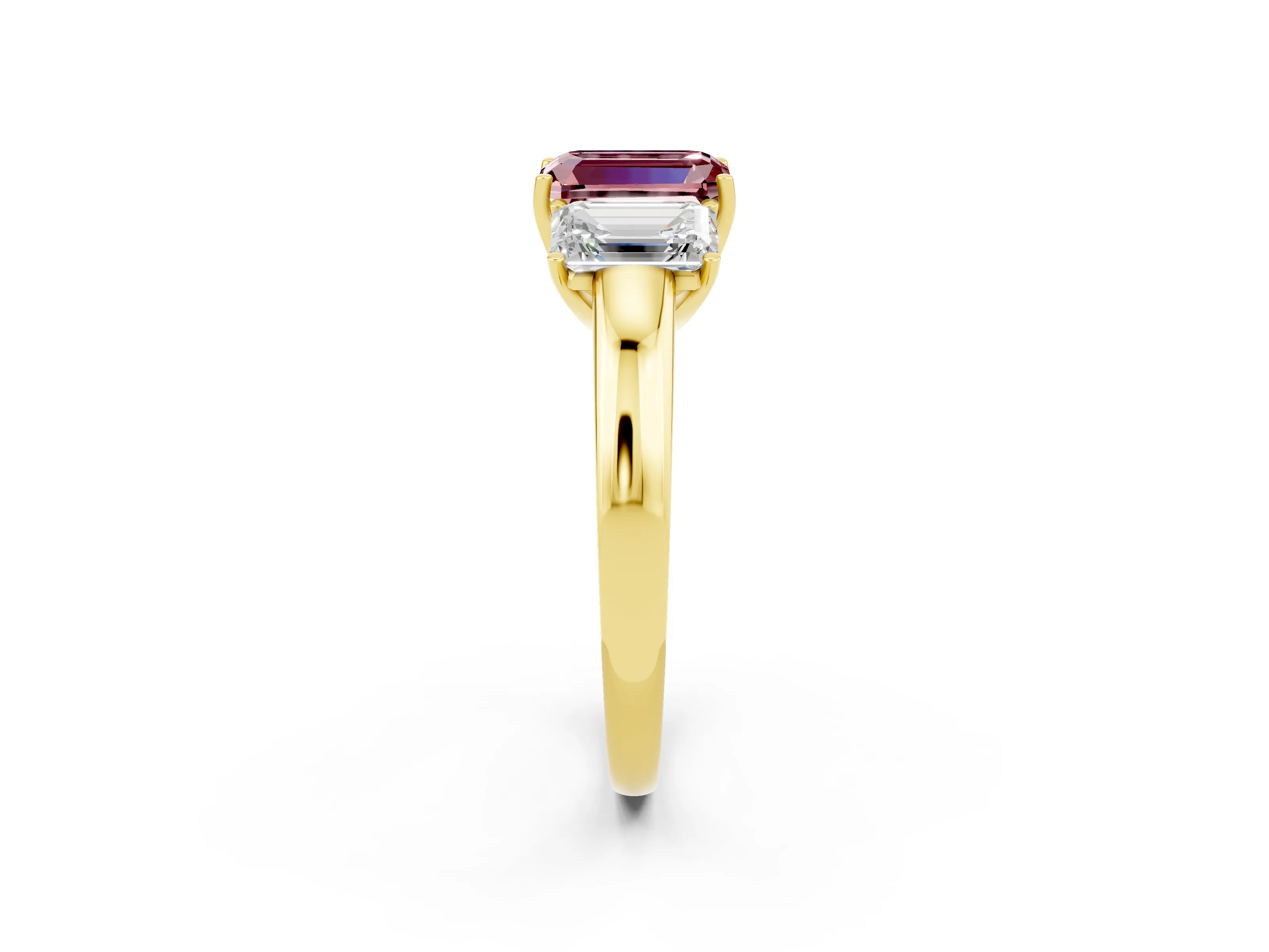 Yellow gold Emerald Cut Morganite Three-Stone Ring with Four-Prong Setting and Classic Band_2