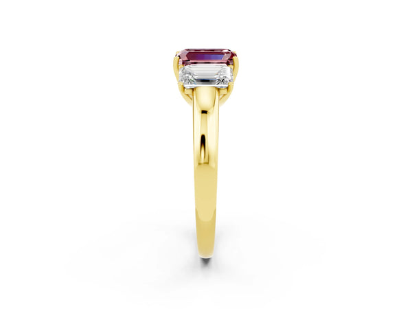 Yellow gold Emerald Cut Morganite Three-Stone Ring with Four-Prong Setting and Classic Band