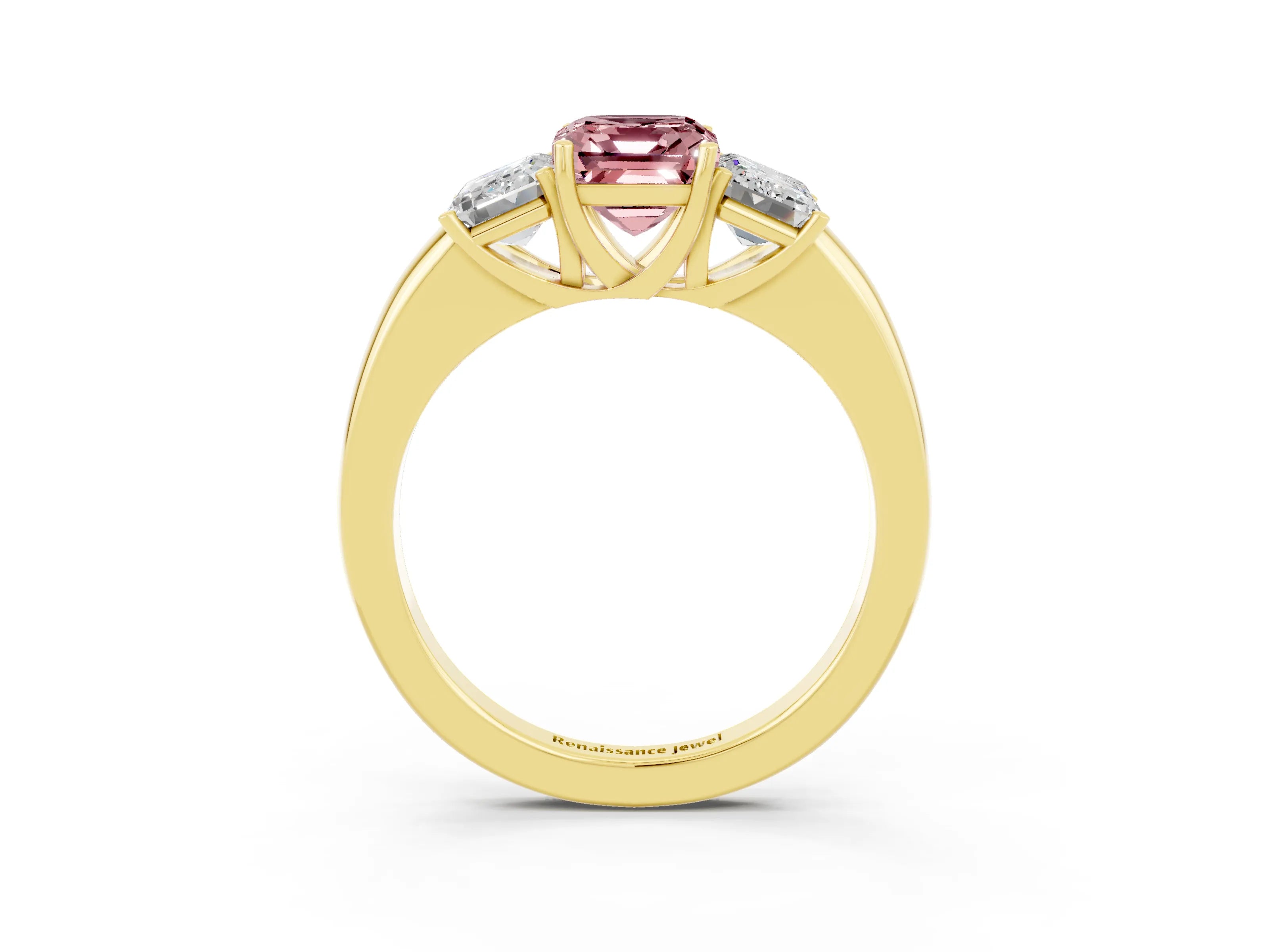 Yellow gold Emerald Cut Morganite Three-Stone Ring with Four-Prong Setting and Classic Band_3