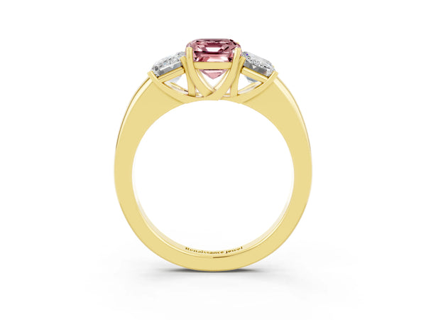 Yellow gold Emerald Cut Morganite Three-Stone Ring with Four-Prong Setting and Classic Band