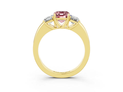 Yellow gold Emerald Cut Morganite Three-Stone Ring with Four-Prong Setting and Classic Band_3