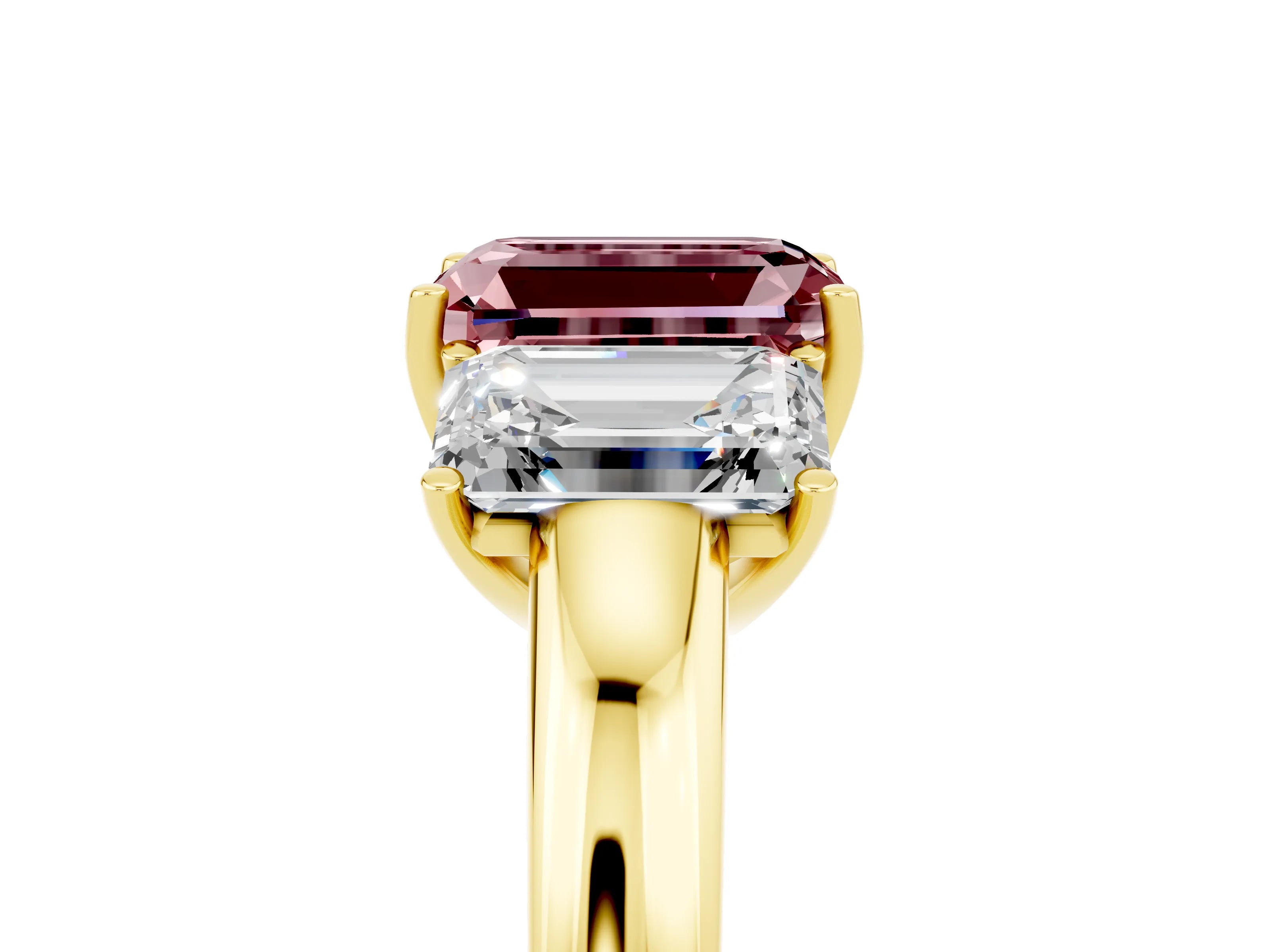 Yellow gold Emerald Cut Morganite Three-Stone Ring with Four-Prong Setting and Classic Band_5