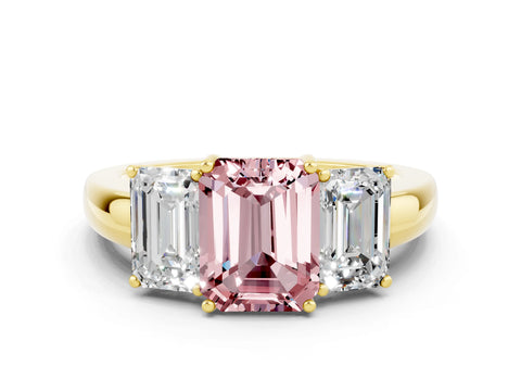 Yellow gold Emerald Cut Morganite Three-Stone Ring with Four-Prong Setting and Classic Band