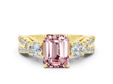 Yellow gold Emerald Cut Morganite Three-Stone Ring with Pavé Split Shank and Four-Prong Setting