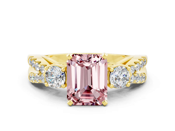 Yellow gold Emerald Cut Morganite Three-Stone Ring with Pavé Split Shank and Four-Prong Setting