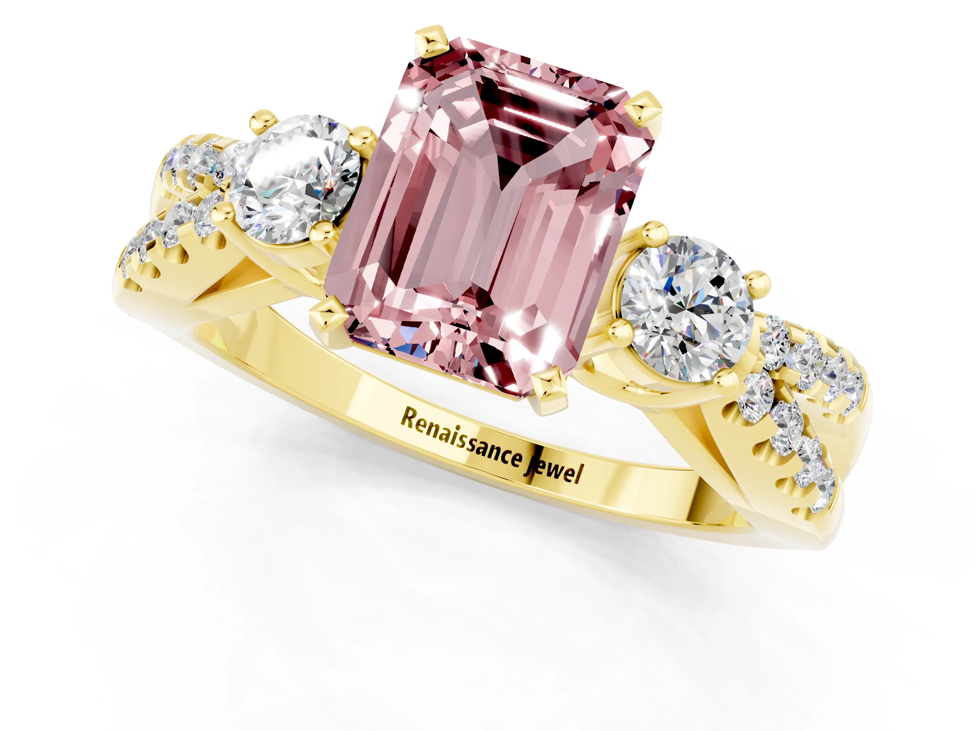 Yellow gold Emerald Cut Morganite Three-Stone Ring with Pavé Split Shank and Four-Prong Setting_1