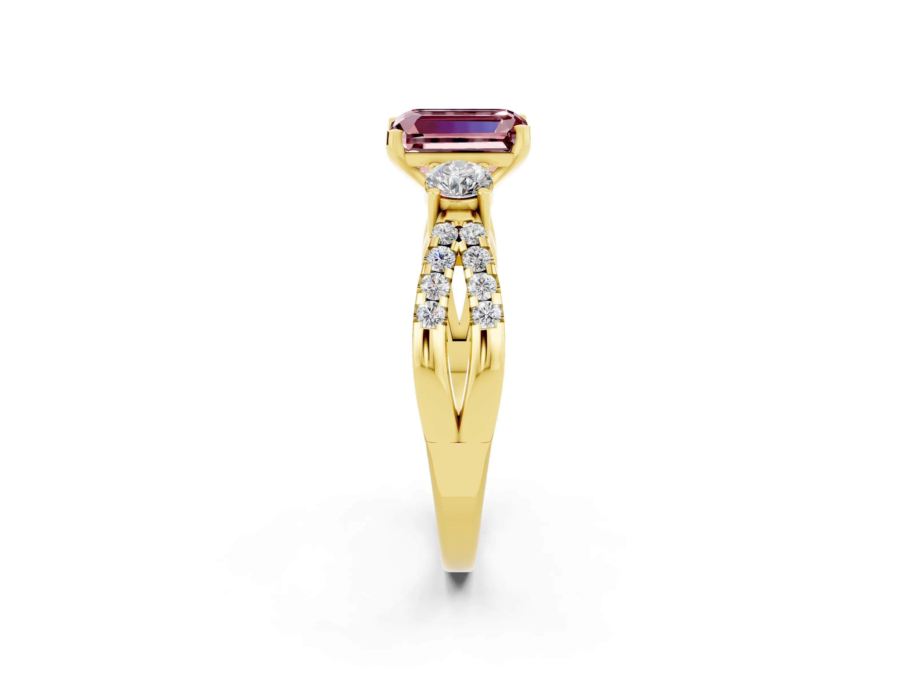 Yellow gold Emerald Cut Morganite Three-Stone Ring with Pavé Split Shank and Four-Prong Setting_2