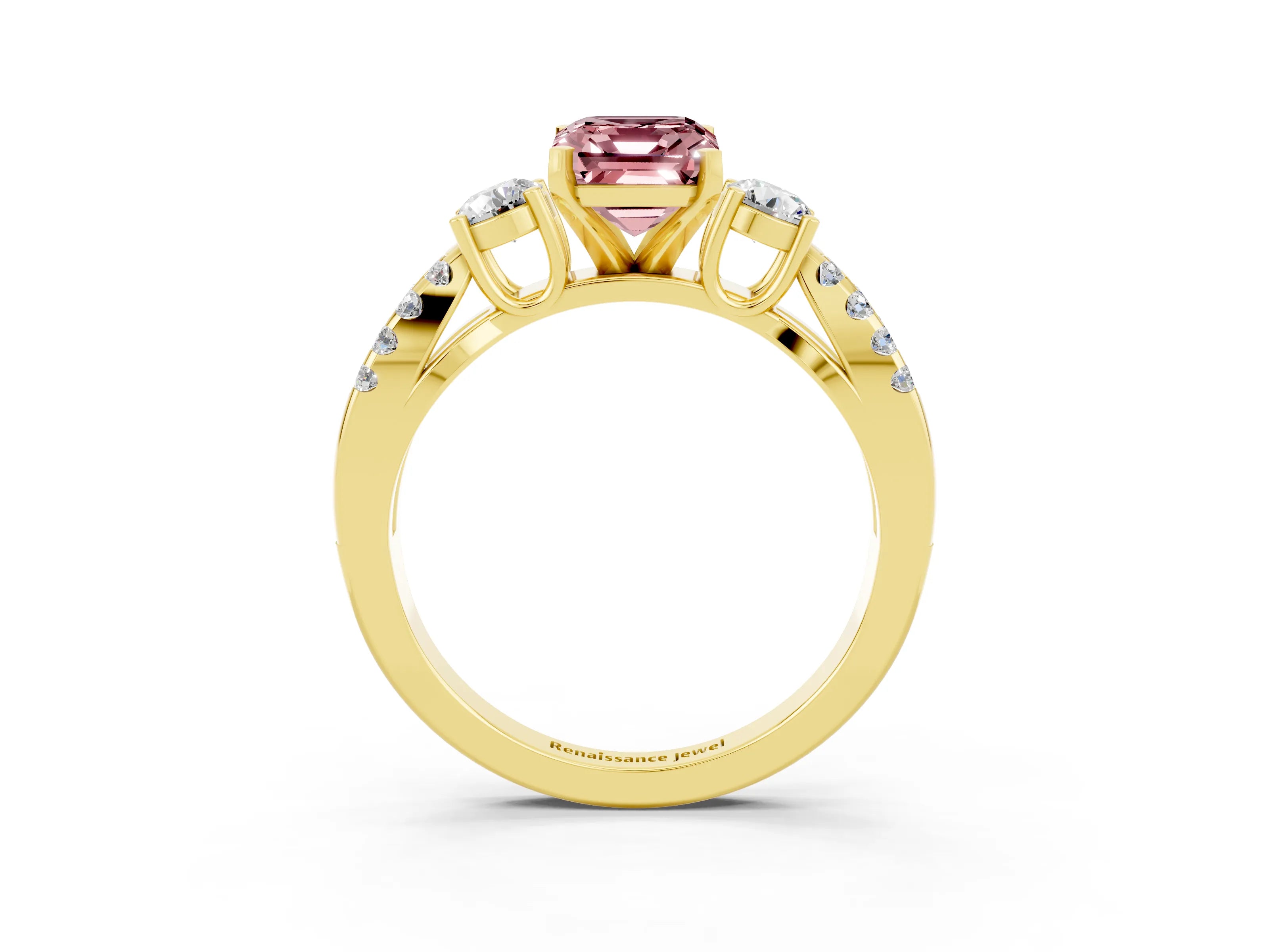 Yellow gold Emerald Cut Morganite Three-Stone Ring with Pavé Split Shank and Four-Prong Setting_3