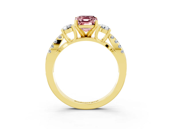 Yellow gold Emerald Cut Morganite Three-Stone Ring with Pavé Split Shank and Four-Prong Setting