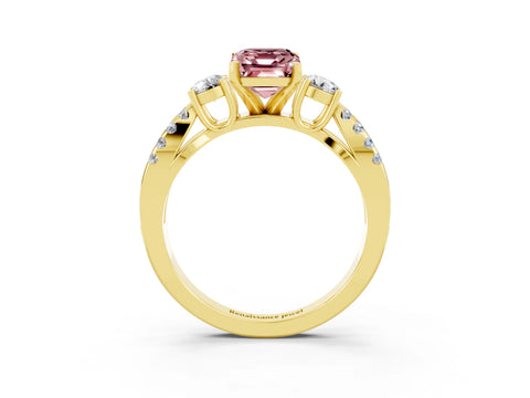 Yellow gold Emerald Cut Morganite Three-Stone Ring with Pavé Split Shank and Four-Prong Setting_3