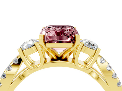 Yellow gold Emerald Cut Morganite Three-Stone Ring with Pavé Split Shank and Four-Prong Setting_4