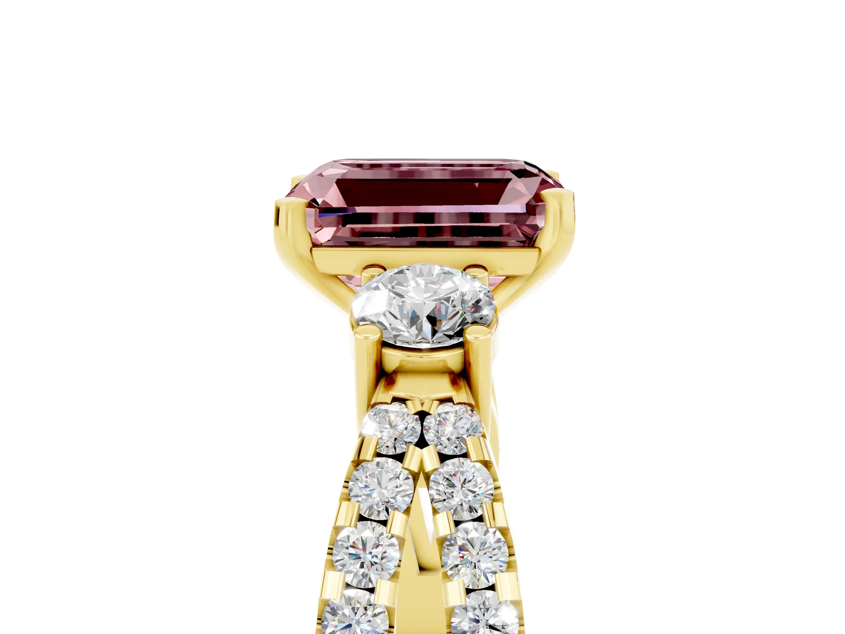 Yellow gold Emerald Cut Morganite Three-Stone Ring with Pavé Split Shank and Four-Prong Setting_5