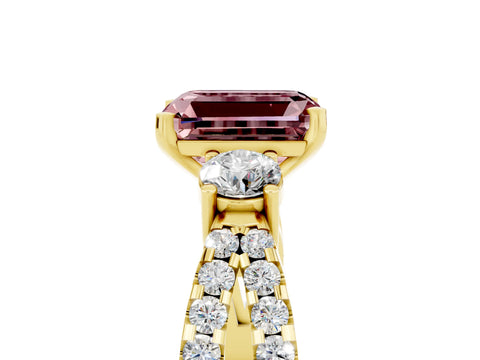 Yellow gold Emerald Cut Morganite Three-Stone Ring with Pavé Split Shank and Four-Prong Setting_5