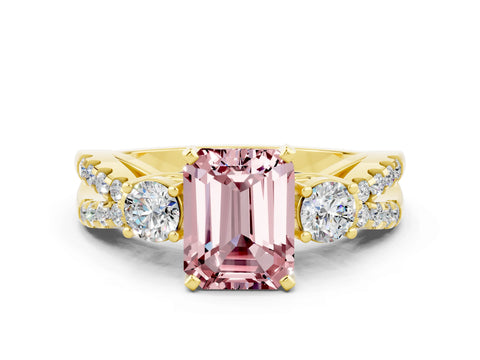 Yellow gold Emerald Cut Morganite Three-Stone Ring with Pavé Split Shank and Four-Prong Setting