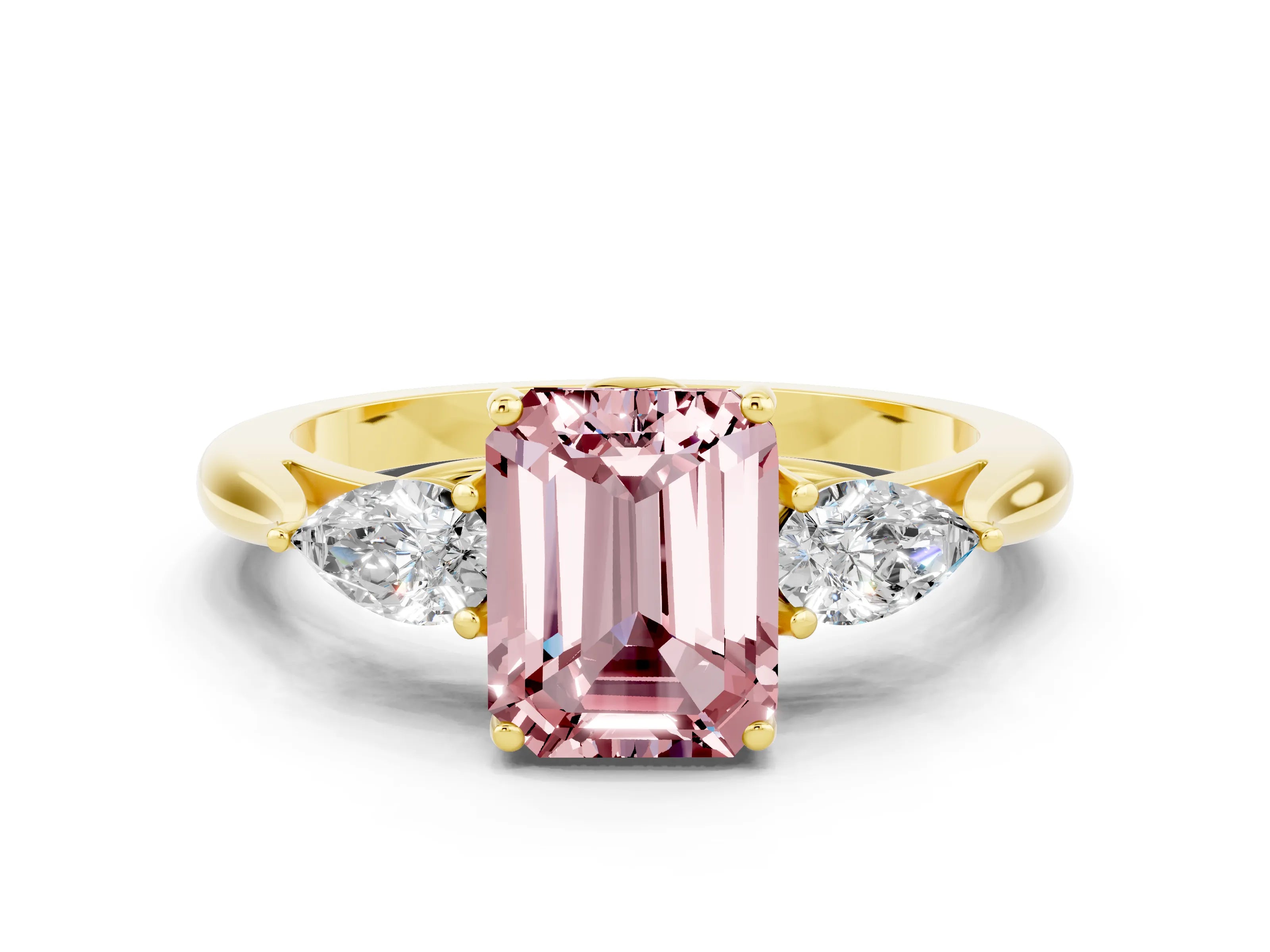 Yellow gold Emerald Cut Morganite Three-Stone Ring with Pear Side Stones and Four-Prong Setting_12