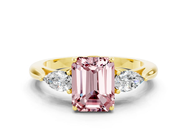 Yellow gold Emerald Cut Morganite Three-Stone Ring with Pear  Side Stones and Prong Setting
