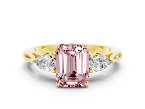 Yellow gold Emerald Cut Morganite Three-Stone Ring with Pear Side Stones and Four-Prong Setting_12