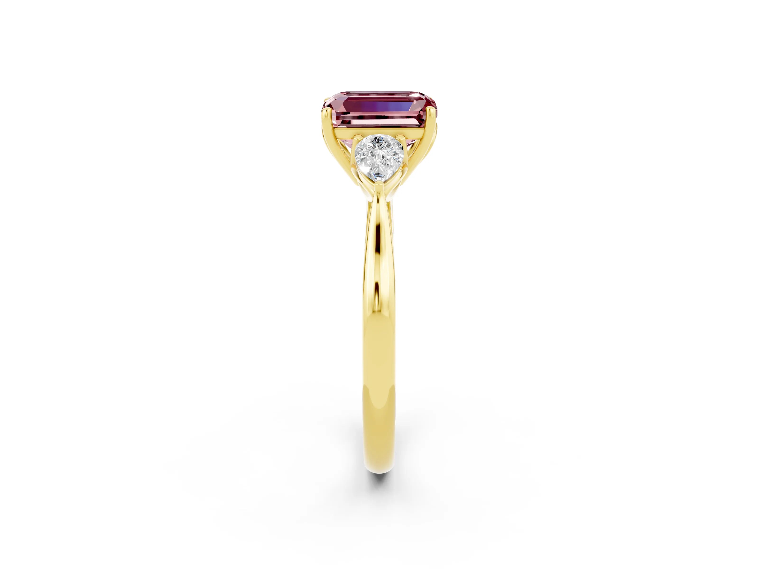 Yellow gold Emerald Cut Morganite Three-Stone Ring with Pear Side Stones and Four-Prong Setting_14