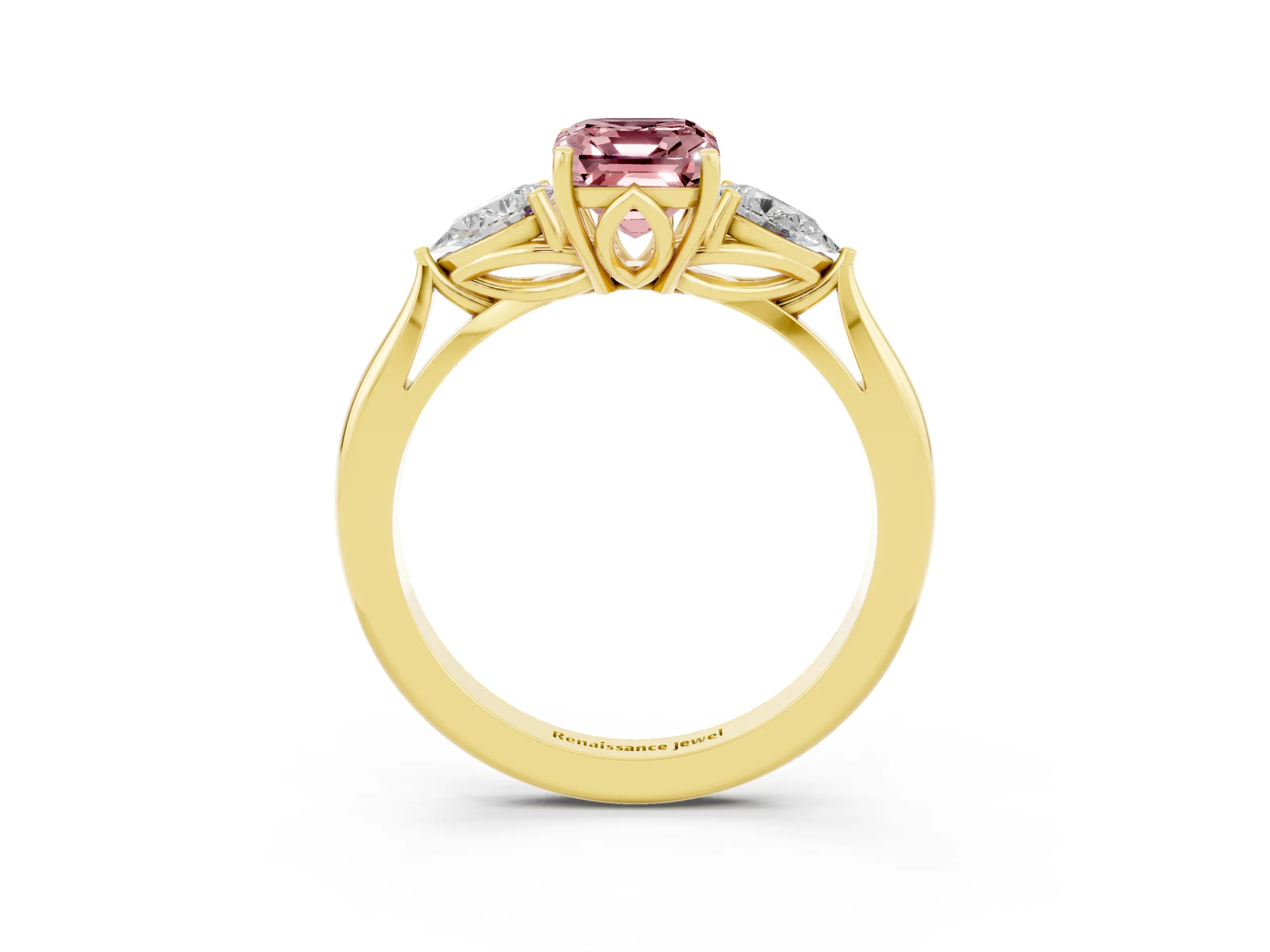 Yellow gold Emerald Cut Morganite Three-Stone Ring with Pear Side Stones and Four-Prong Setting_15