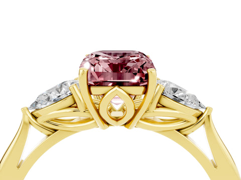 Yellow gold Emerald Cut Morganite Three-Stone Ring with Pear Side Stones and Four-Prong Setting_16