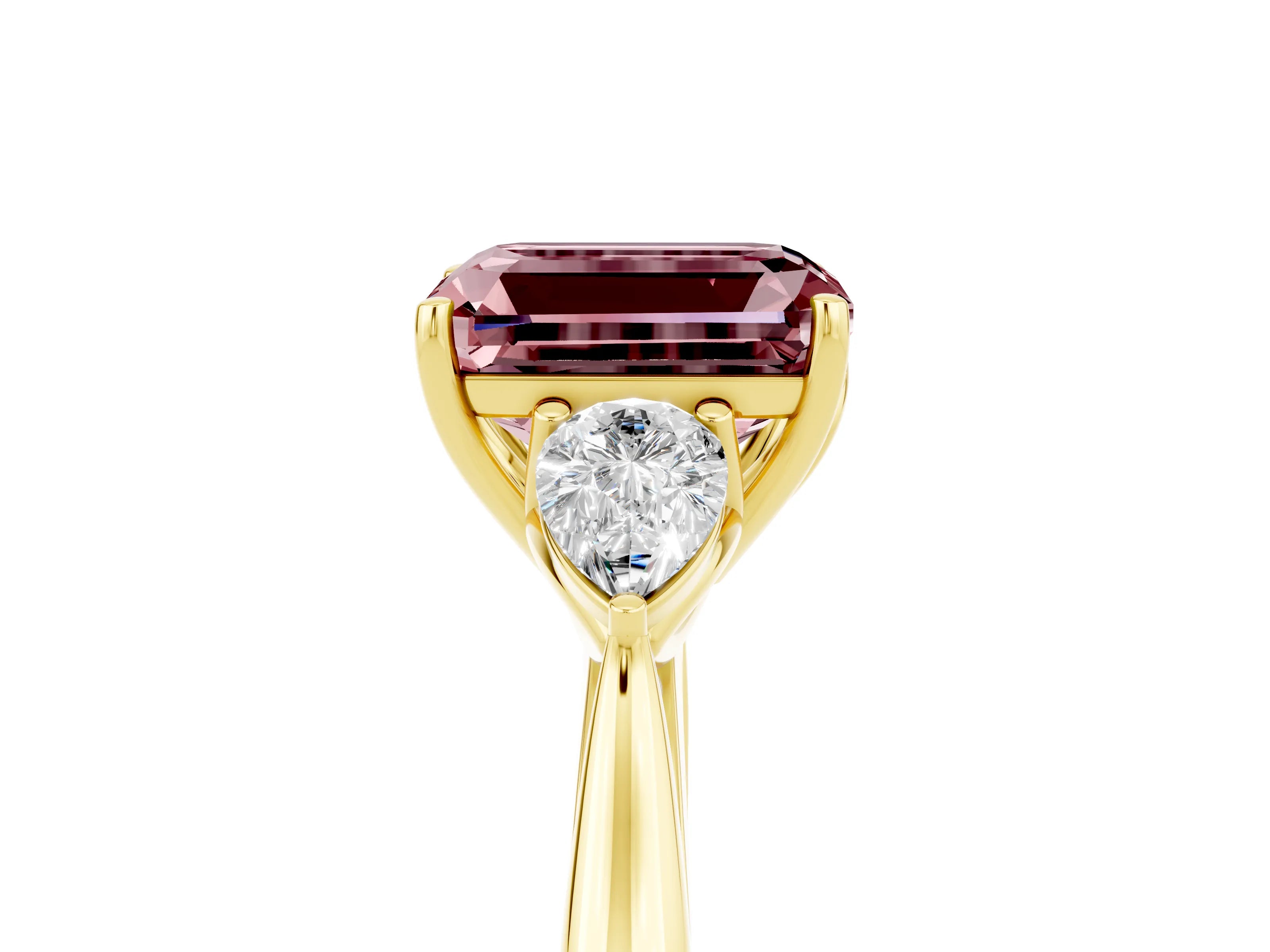 Yellow gold Emerald Cut Morganite Three-Stone Ring with Pear Side Stones and Four-Prong Setting_17