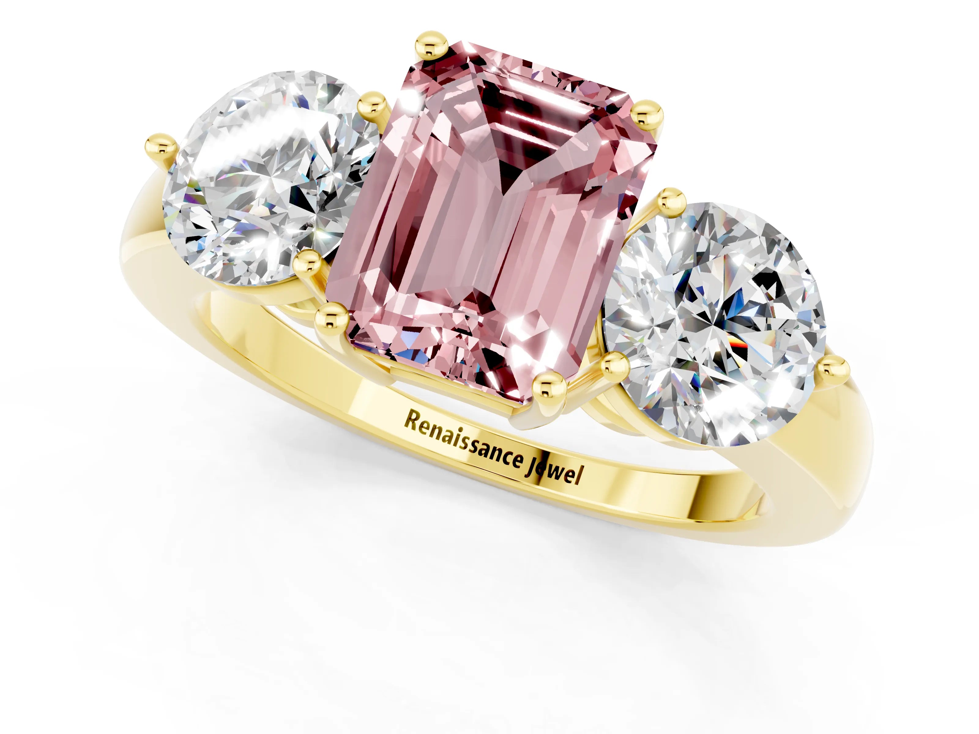 Yellow gold Emerald Cut Morganite Three-Stone Ring with Prong Setting and Classic Band_1