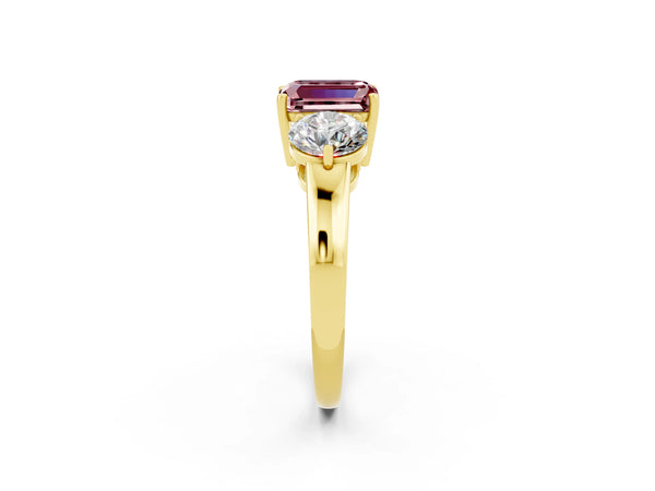 Yellow gold Emerald Cut Morganite Three-Stone Ring with Prong Setting and Classic Band