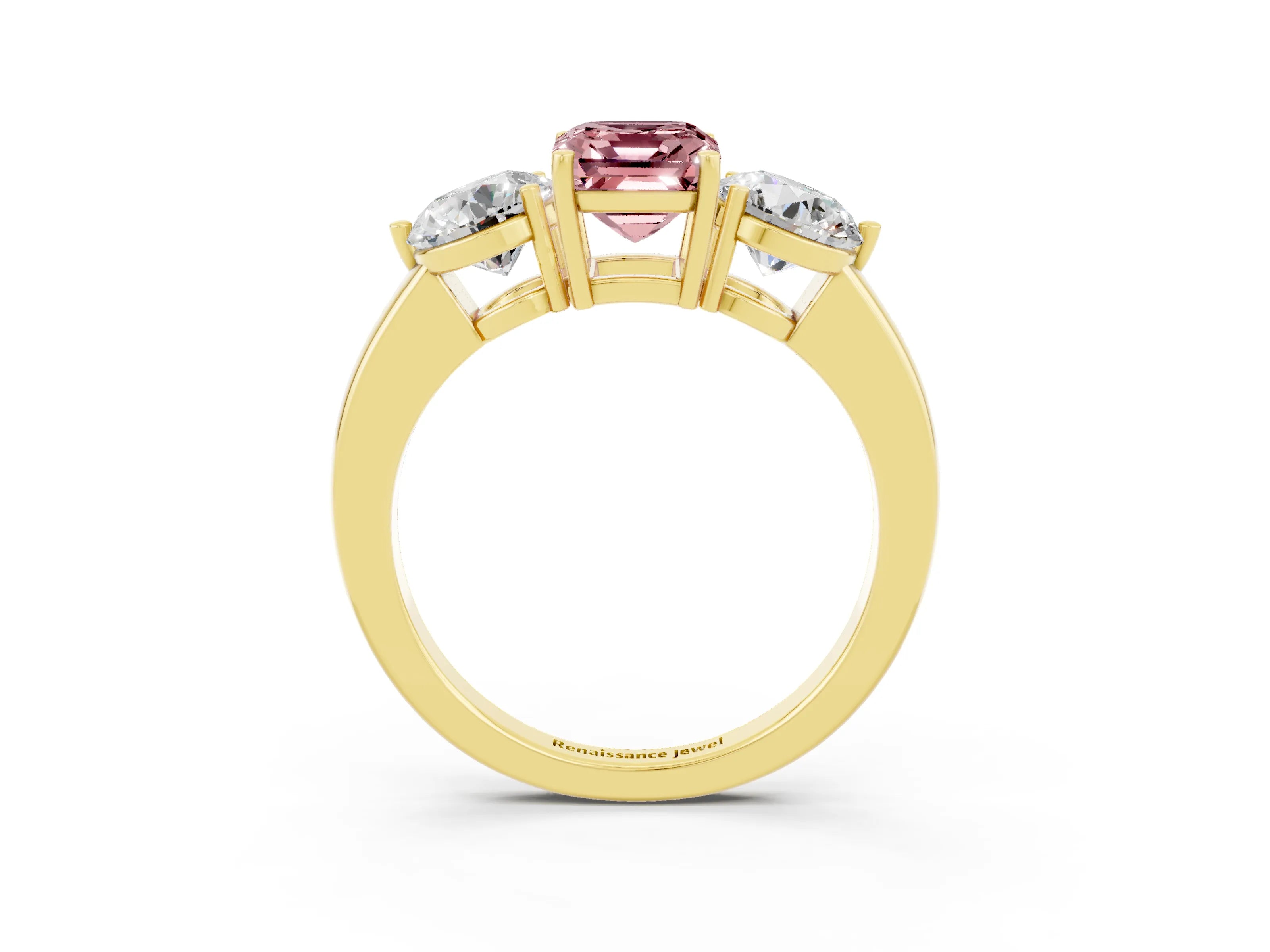 Yellow gold Emerald Cut Morganite Three-Stone Ring with Prong Setting and Classic Band_3