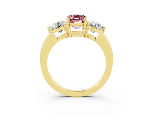 Yellow gold Emerald Cut Morganite Three-Stone Ring with Prong Setting and Classic Band