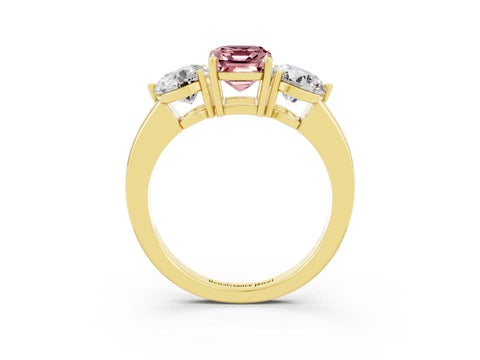 Yellow gold Emerald Cut Morganite Three-Stone Ring with Prong Setting and Classic Band_3