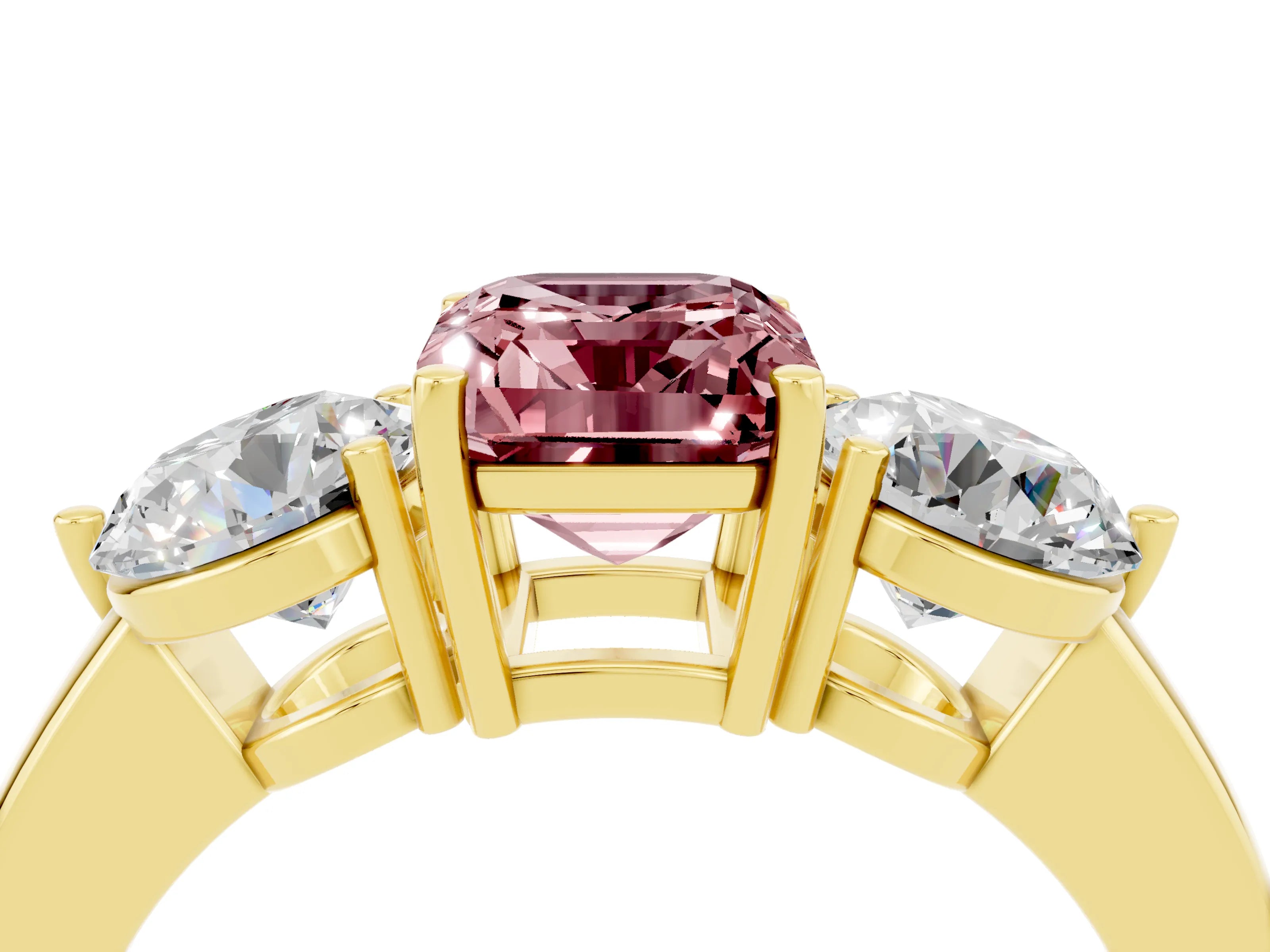 Yellow gold Emerald Cut Morganite Three-Stone Ring with Prong Setting and Classic Band_4